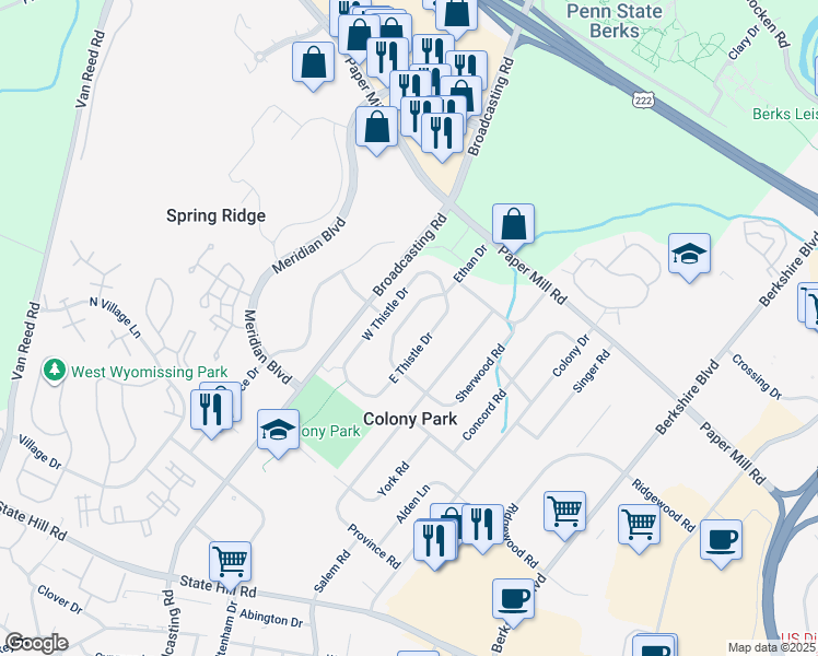 map of restaurants, bars, coffee shops, grocery stores, and more near 1611 Ethan Drive in Wyomissing