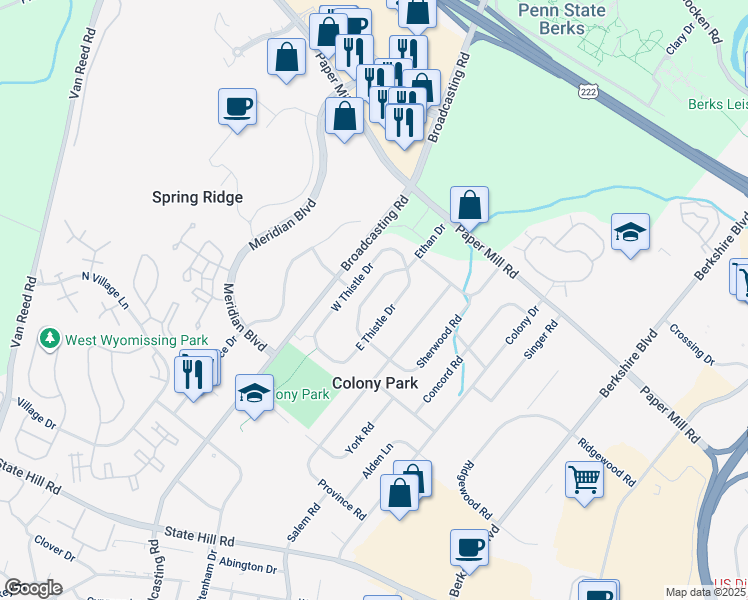 map of restaurants, bars, coffee shops, grocery stores, and more near 1611 Ethan Drive in Wyomissing