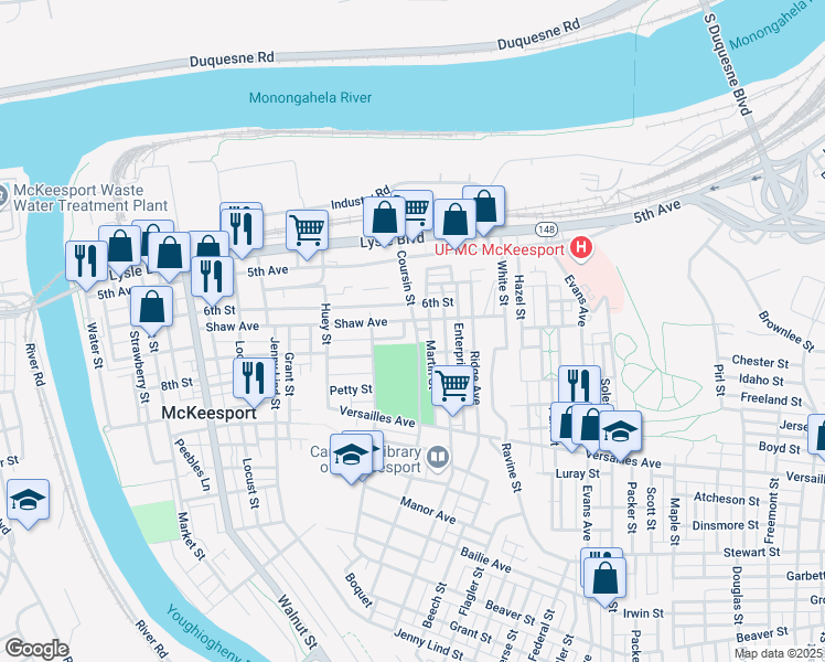 map of restaurants, bars, coffee shops, grocery stores, and more near 901 Shaw Avenue in McKeesport