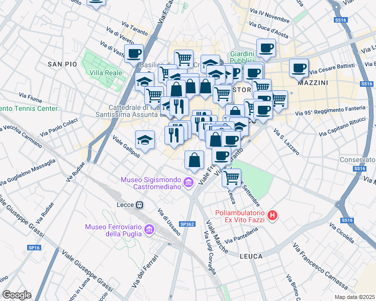 map of restaurants, bars, coffee shops, grocery stores, and more near in Lecce