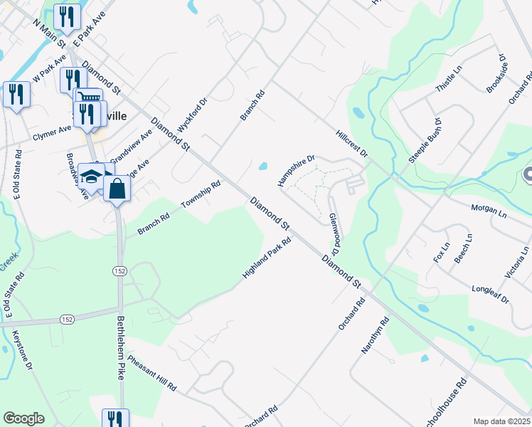 map of restaurants, bars, coffee shops, grocery stores, and more near 719 Diamond Street in Sellersville