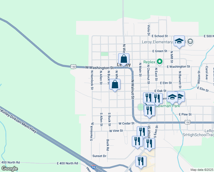 map of restaurants, bars, coffee shops, grocery stores, and more near 402 North Buck Street in Le Roy