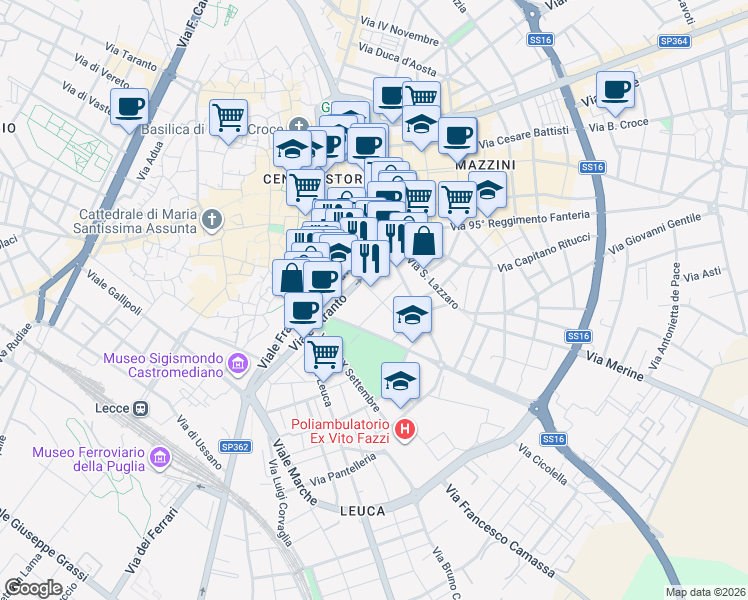 map of restaurants, bars, coffee shops, grocery stores, and more near 52 Viale Otranto in Lecce