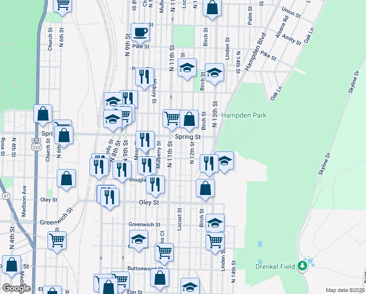 map of restaurants, bars, coffee shops, grocery stores, and more near 925 Locust Street in Reading