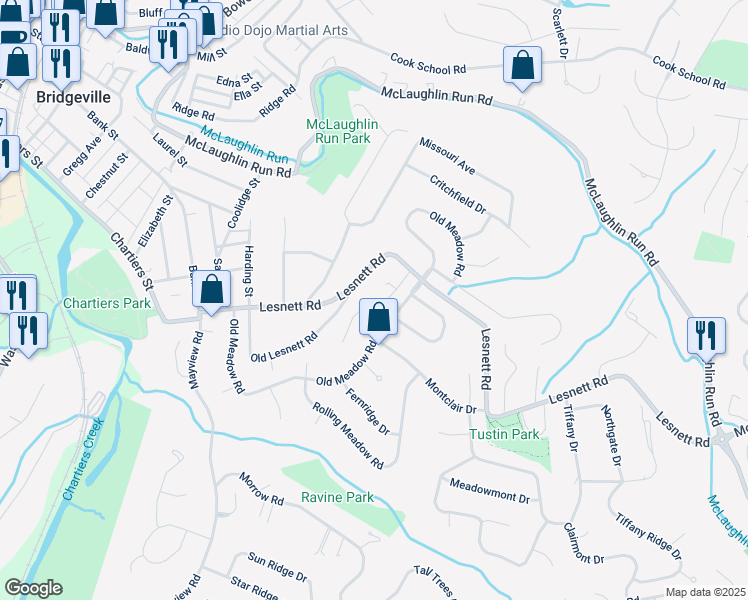 map of restaurants, bars, coffee shops, grocery stores, and more near 1189 Billings Drive in Pittsburgh