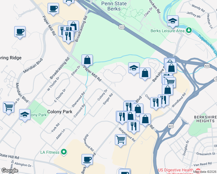 map of restaurants, bars, coffee shops, grocery stores, and more near Paper Mill Road in Reading