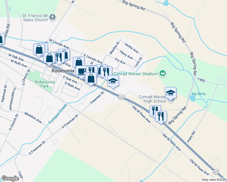 map of restaurants, bars, coffee shops, grocery stores, and more near 347 East Penn Avenue in Robesonia