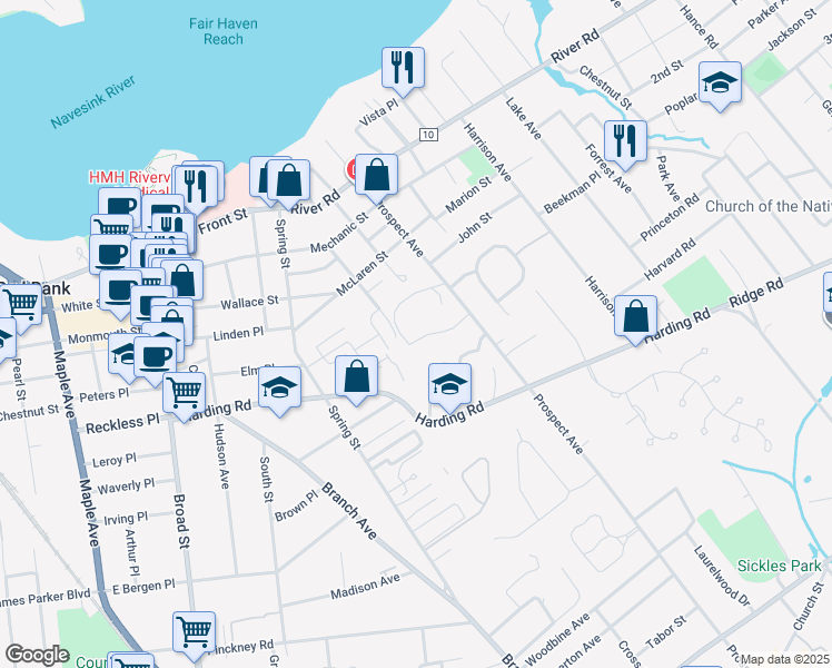 map of restaurants, bars, coffee shops, grocery stores, and more near 117 Tower Hill Drive in Red Bank