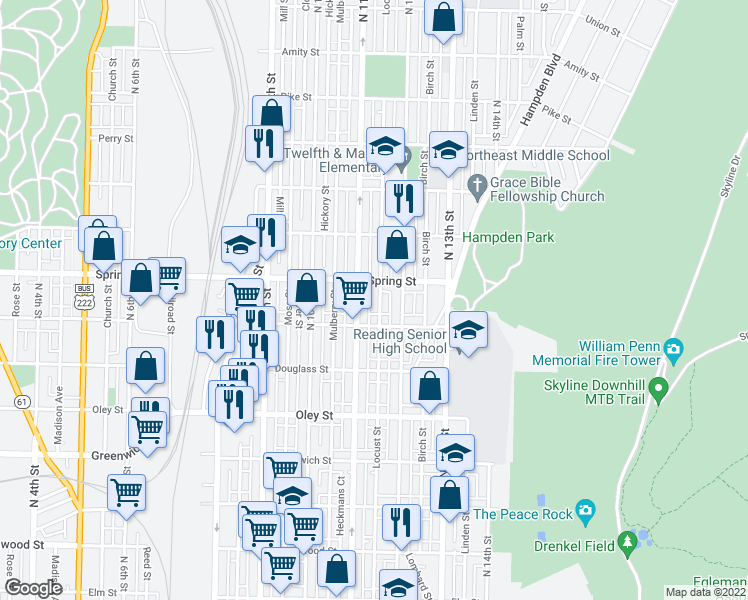 map of restaurants, bars, coffee shops, grocery stores, and more near 928 Locust Street in Reading