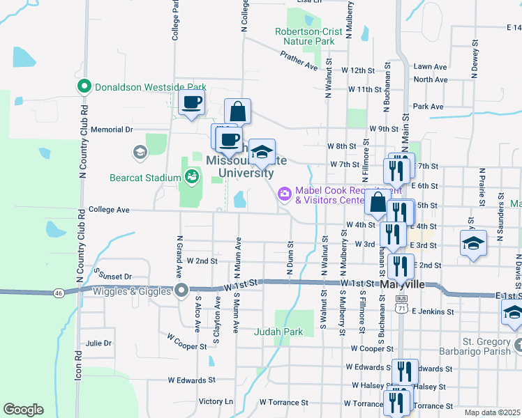 map of restaurants, bars, coffee shops, grocery stores, and more near 703 College Avenue in Maryville