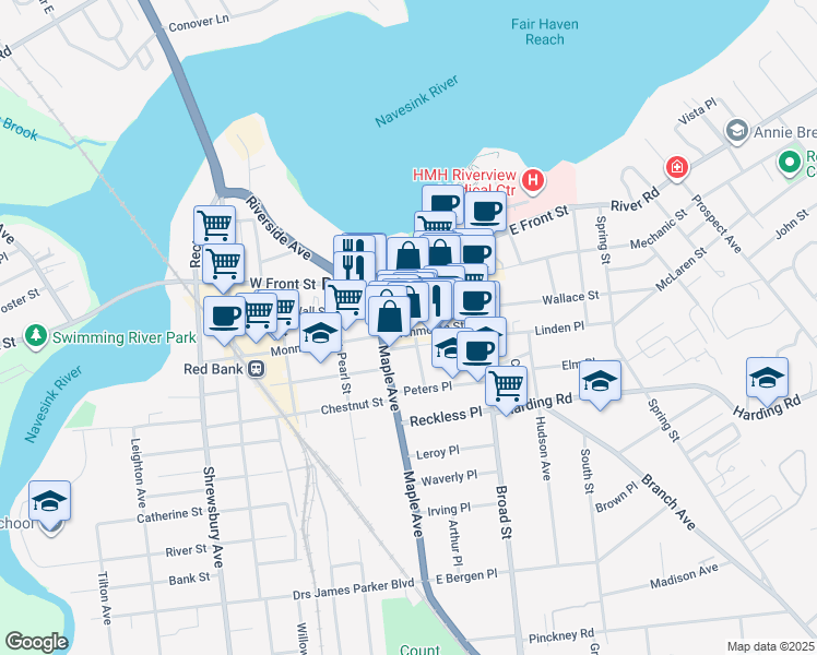 map of restaurants, bars, coffee shops, grocery stores, and more near 64 Monmouth Street in Red Bank