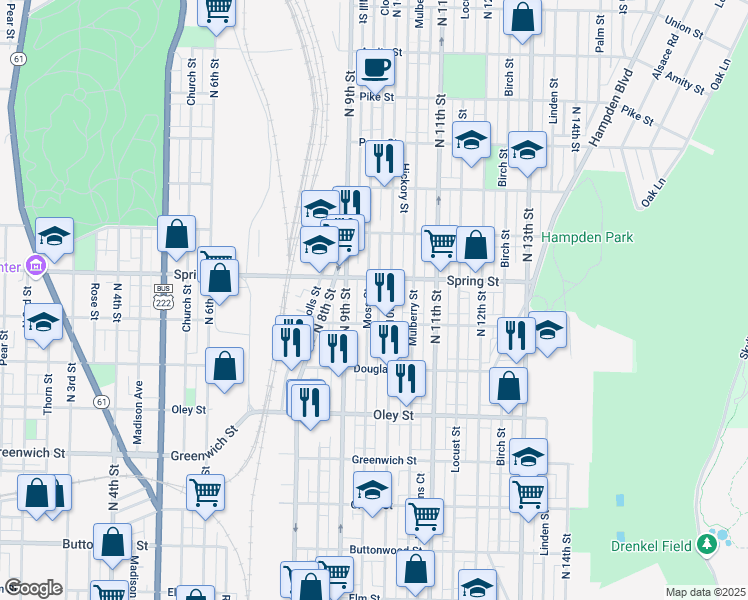 map of restaurants, bars, coffee shops, grocery stores, and more near 950 North 10th Street in Reading