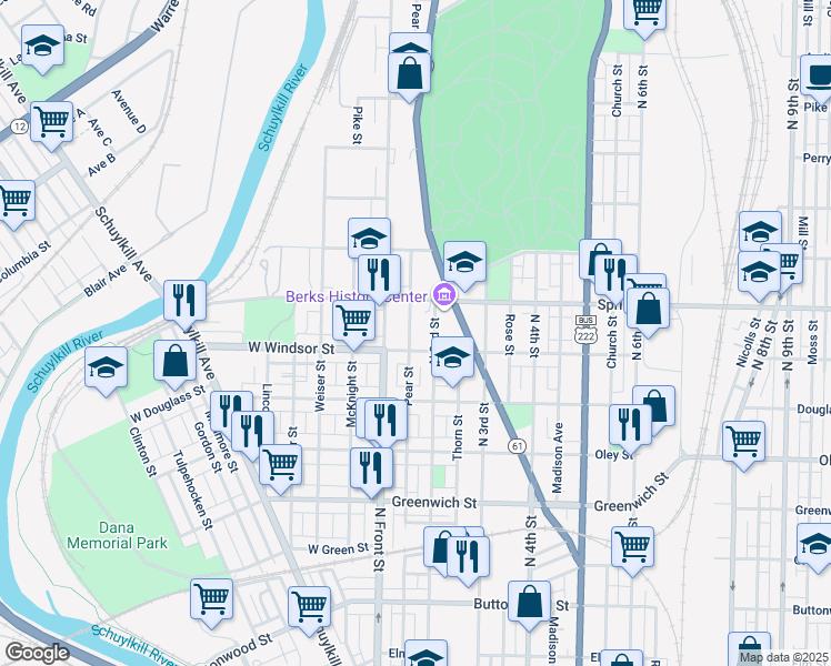 map of restaurants, bars, coffee shops, grocery stores, and more near 932 Pear Street in Reading