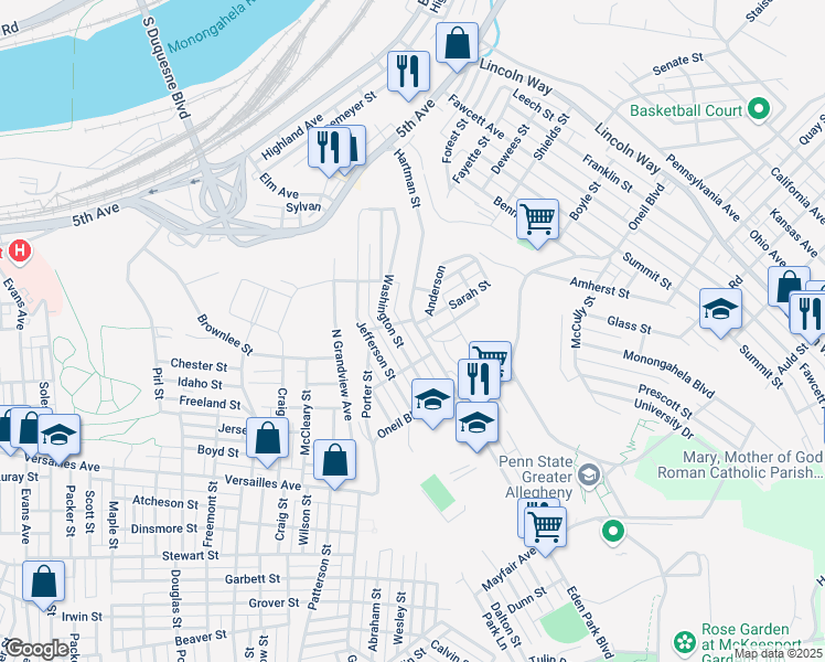 map of restaurants, bars, coffee shops, grocery stores, and more near 1002 Hartman Street in McKeesport