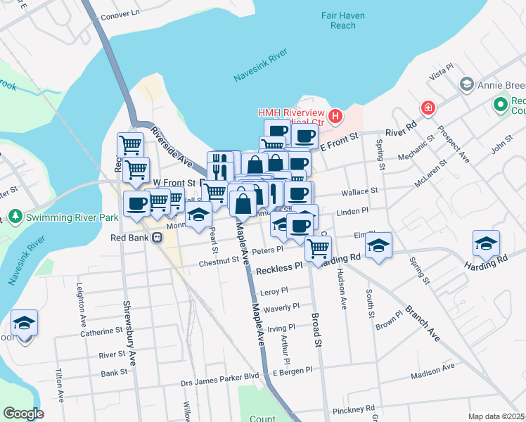 map of restaurants, bars, coffee shops, grocery stores, and more near 64 Monmouth Street in Red Bank