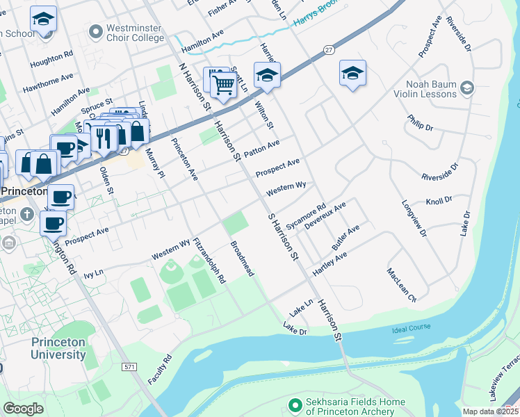 map of restaurants, bars, coffee shops, grocery stores, and more near 240 Western Way in Princeton