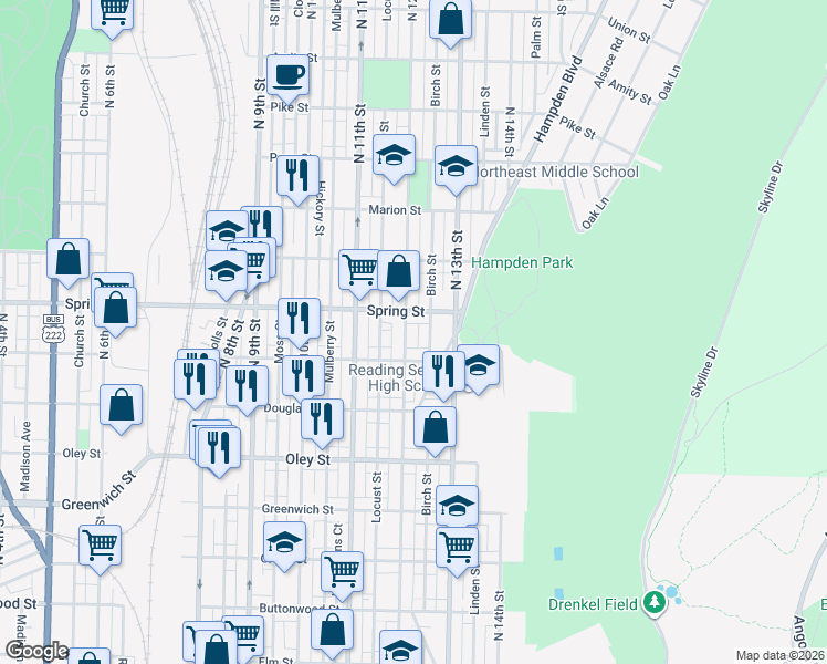 map of restaurants, bars, coffee shops, grocery stores, and more near 951 North 12th Street in Reading