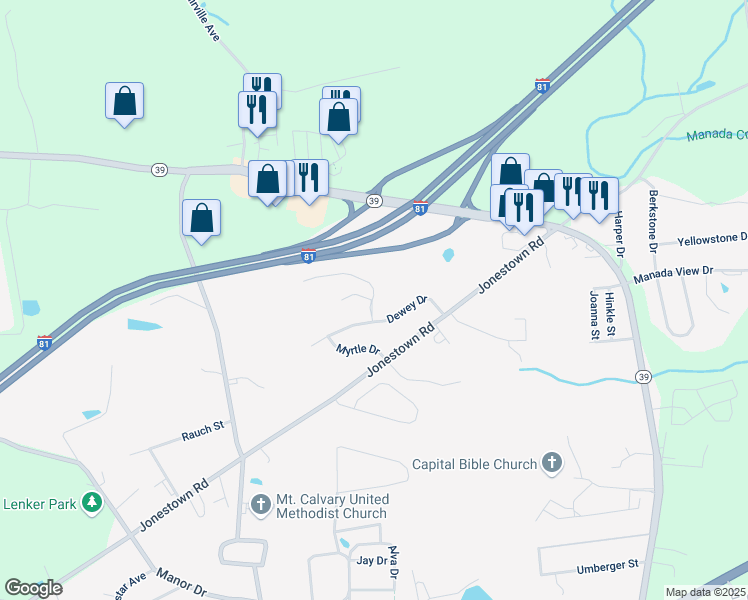 map of restaurants, bars, coffee shops, grocery stores, and more near 7820 Dewey Drive in Harrisburg