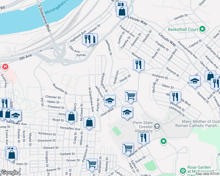 map of restaurants, bars, coffee shops, grocery stores, and more near 1002 Hartman Street in McKeesport
