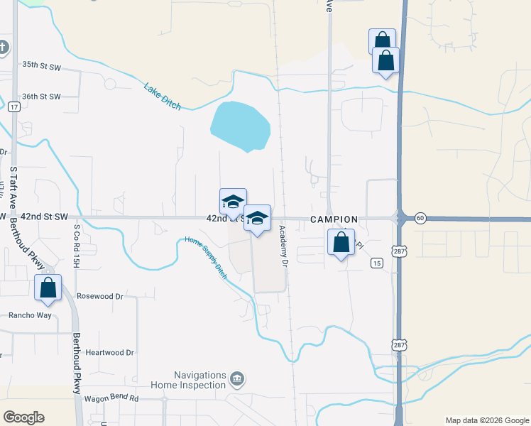 map of restaurants, bars, coffee shops, grocery stores, and more near 325 42nd Street Southwest in Loveland