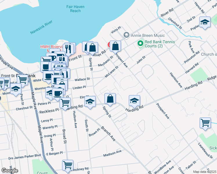 map of restaurants, bars, coffee shops, grocery stores, and more near 19 Manor Drive in Red Bank