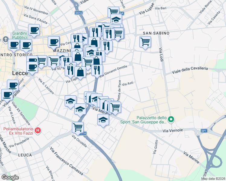 map of restaurants, bars, coffee shops, grocery stores, and more near 32 Via Giandomenico Catalano in Lecce