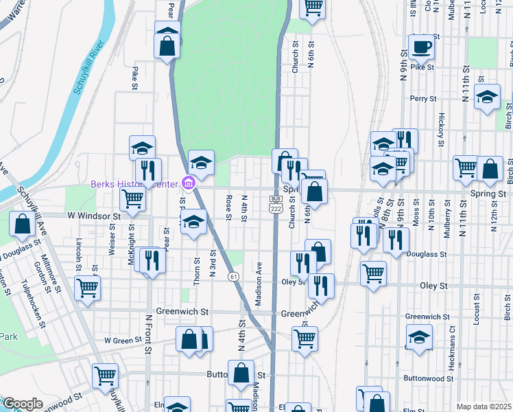 map of restaurants, bars, coffee shops, grocery stores, and more near 926 Madison Avenue in Reading