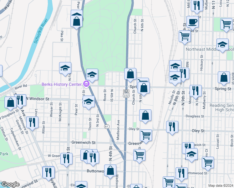 map of restaurants, bars, coffee shops, grocery stores, and more near 926 Madison Avenue in Reading