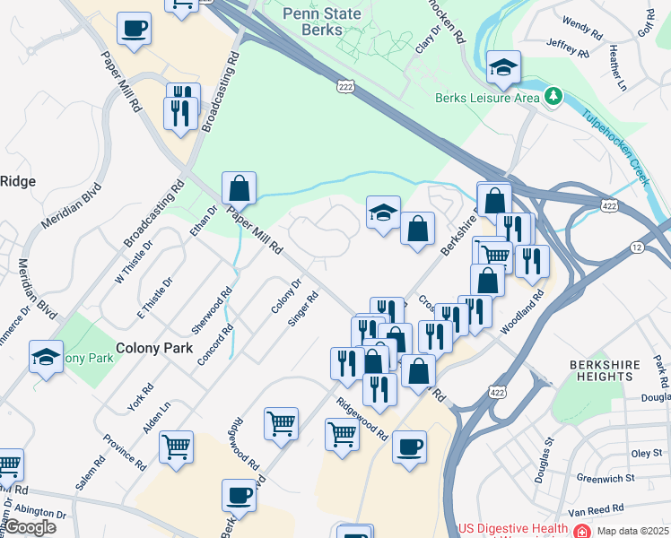 map of restaurants, bars, coffee shops, grocery stores, and more near 111 Lavender Lane in Wyomissing