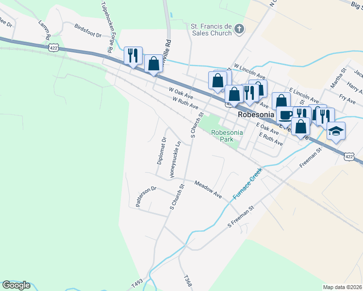 map of restaurants, bars, coffee shops, grocery stores, and more near 218 Smokering Drive in Robesonia