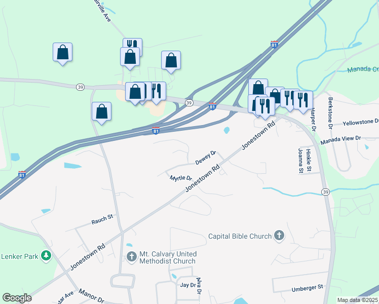 map of restaurants, bars, coffee shops, grocery stores, and more near 7820 Dewey Drive in Harrisburg