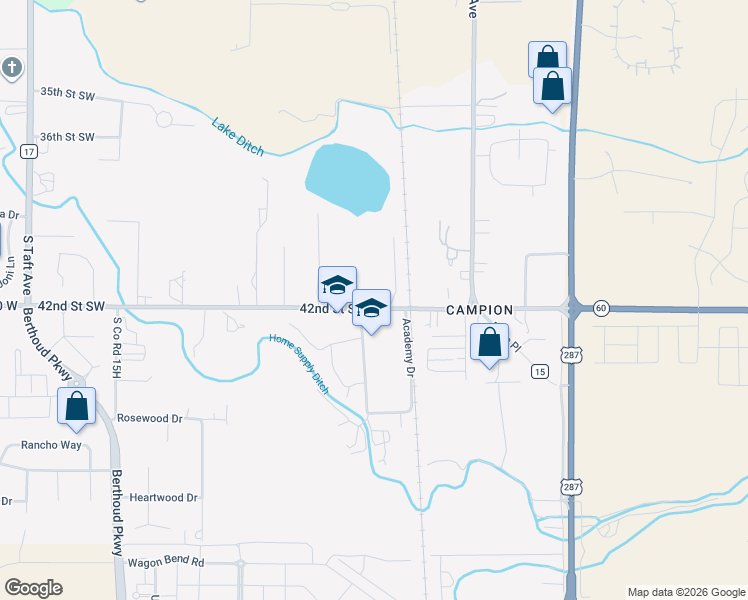 map of restaurants, bars, coffee shops, grocery stores, and more near 335 42nd Street Southwest in Loveland