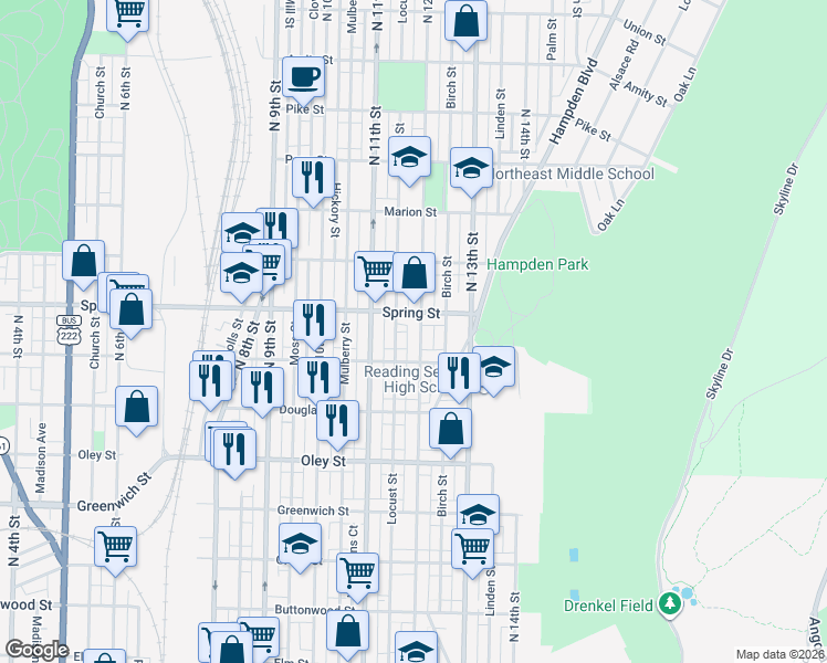 map of restaurants, bars, coffee shops, grocery stores, and more near 951 North 12th Street in Reading