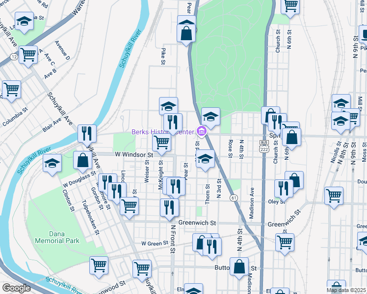 map of restaurants, bars, coffee shops, grocery stores, and more near 914 Pear Street in Reading