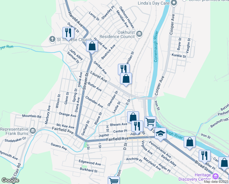 map of restaurants, bars, coffee shops, grocery stores, and more near 157 North Sheridan Street in Johnstown