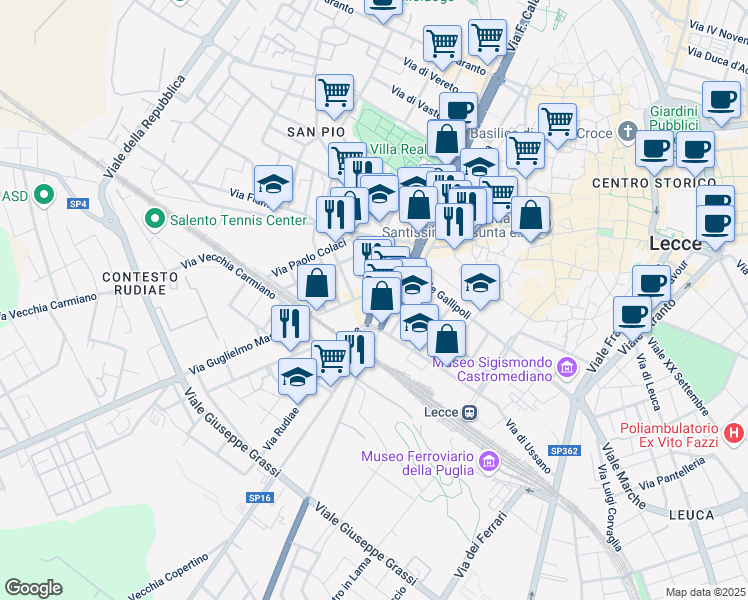 map of restaurants, bars, coffee shops, grocery stores, and more near 24-30 Viale Università in Lecce