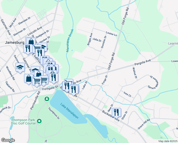 map of restaurants, bars, coffee shops, grocery stores, and more near 5 Duane Street in Jamesburg
