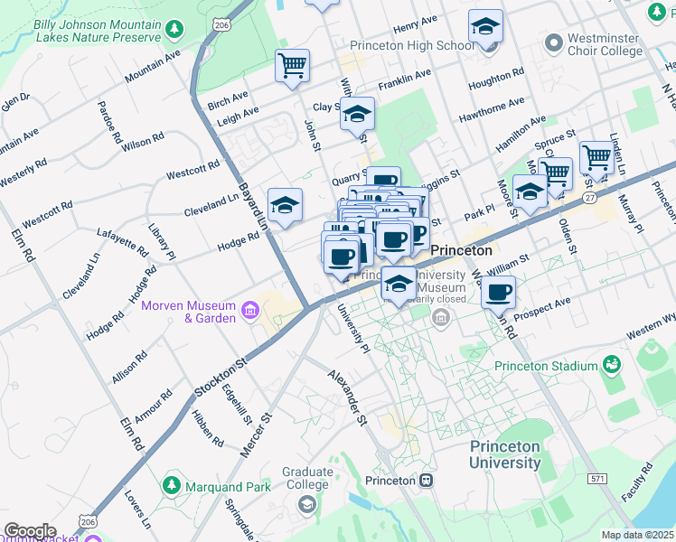map of restaurants, bars, coffee shops, grocery stores, and more near 21 Chambers Street in Princeton
