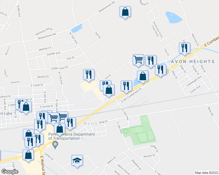 map of restaurants, bars, coffee shops, grocery stores, and more near 418 North 15th Avenue in Lebanon