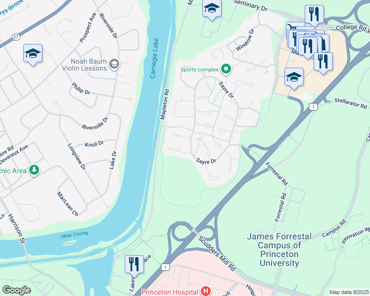 map of restaurants, bars, coffee shops, grocery stores, and more near 473 Sayre Drive in Princeton