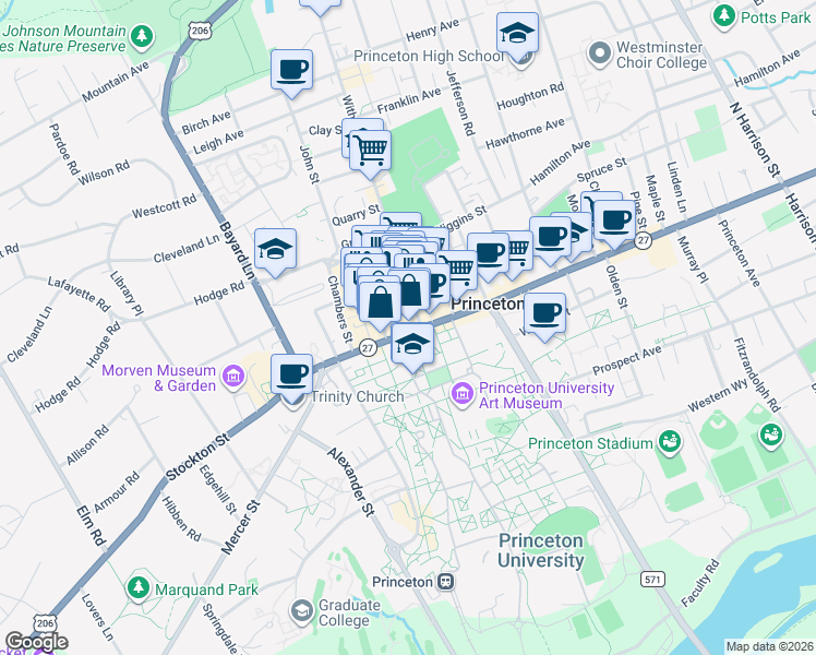 map of restaurants, bars, coffee shops, grocery stores, and more near 80 Nassau Street in Princeton