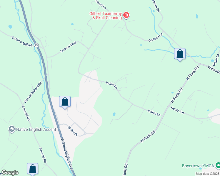 map of restaurants, bars, coffee shops, grocery stores, and more near 261 Indian Lane in Boyertown