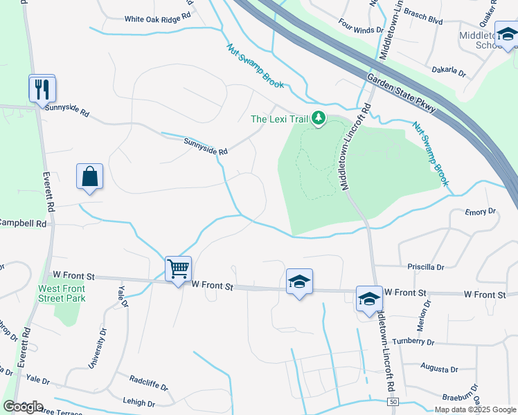 map of restaurants, bars, coffee shops, grocery stores, and more near 19 Windermere Road in Middletown Township