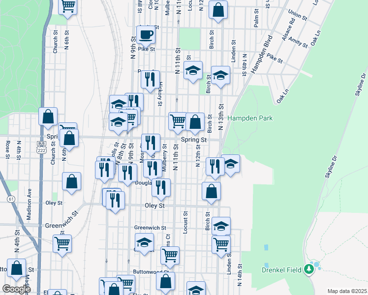 map of restaurants, bars, coffee shops, grocery stores, and more near 934 Locust St in Reading