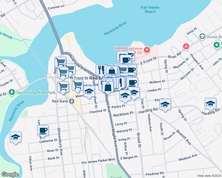 map of restaurants, bars, coffee shops, grocery stores, and more near 64 Monmouth Street in Red Bank