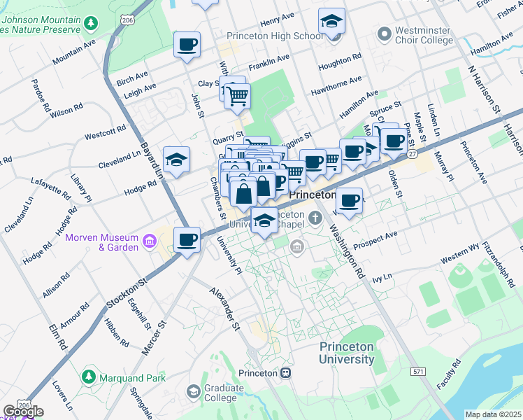 map of restaurants, bars, coffee shops, grocery stores, and more near 1 Palmer Square East in Princeton