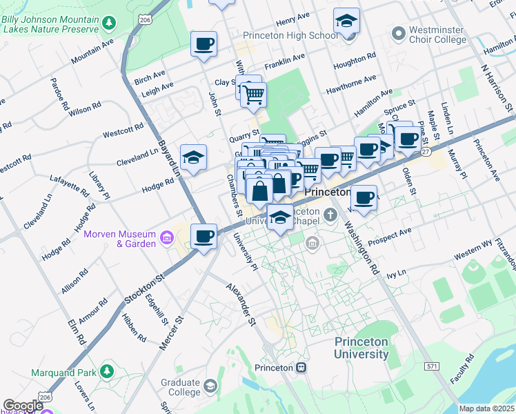 map of restaurants, bars, coffee shops, grocery stores, and more near 1 Palmer Square East in Princeton