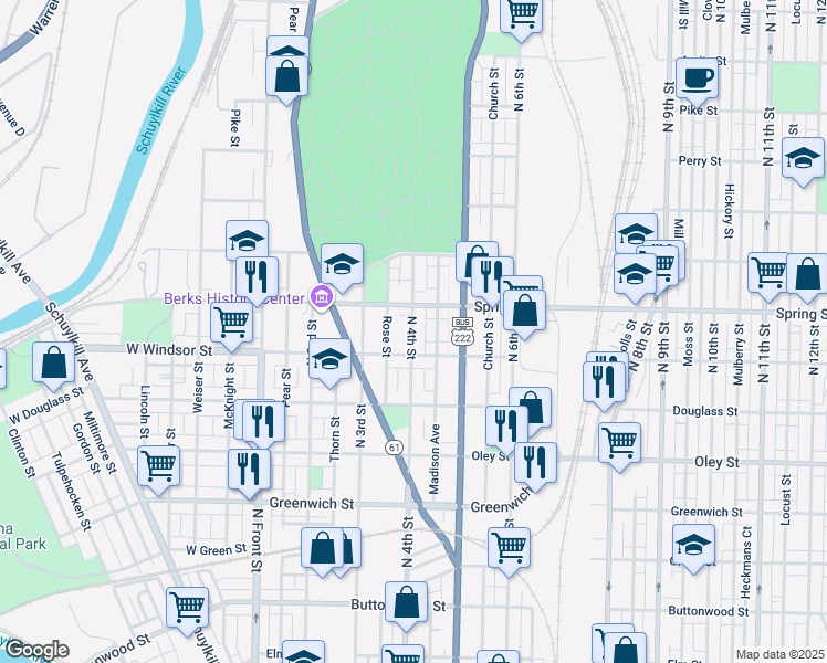 map of restaurants, bars, coffee shops, grocery stores, and more near 931 Rose Street in Reading