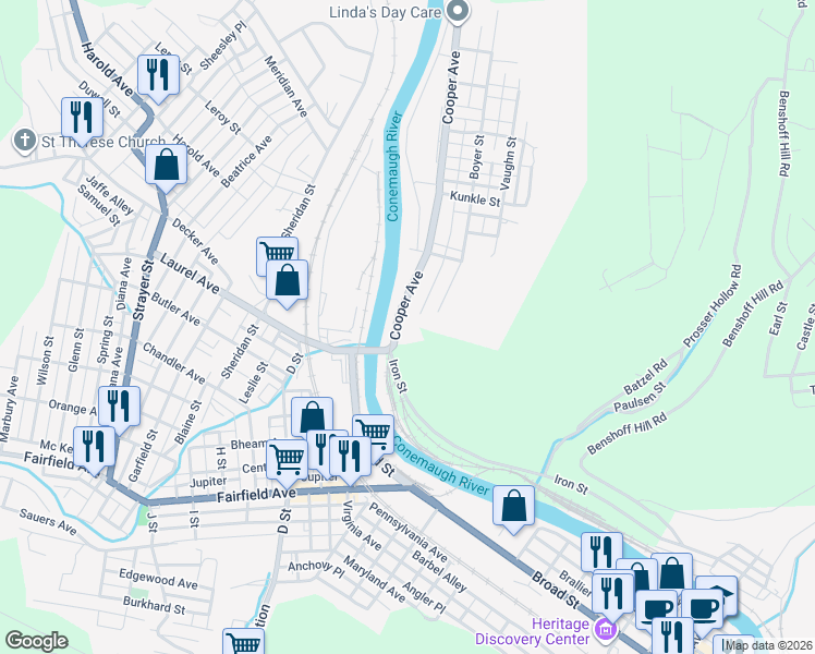 map of restaurants, bars, coffee shops, grocery stores, and more near 32 Cooper Avenue in Johnstown