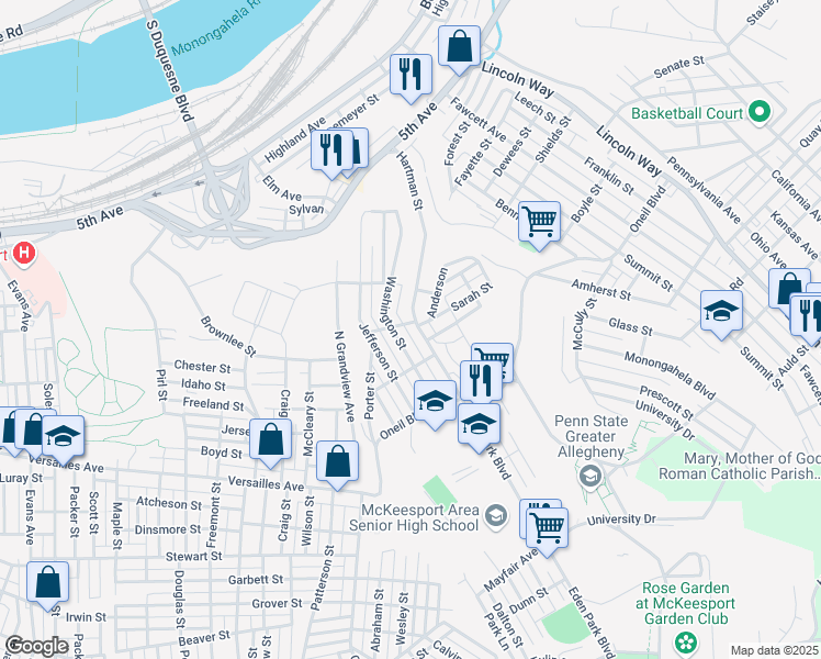 map of restaurants, bars, coffee shops, grocery stores, and more near 916 Hartman Street in McKeesport